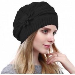 Berets Women's Solid Knit Furry French Beret - Fall Winter Fleece Lined Paris Artist Cap Beanie Hat - Black - C3188U8GX0Q $30.64