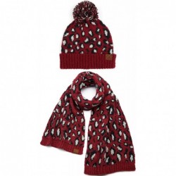 Skullies & Beanies Womens Knit Leopard Print Faux Fur Pom and Cuff Beanies and Scarves - A Leopard Print Hat & Scarf - Burgun...