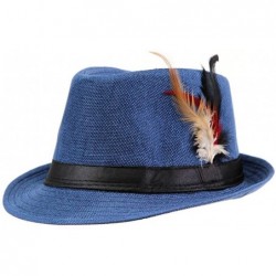 Fedoras Unisex Classic Cuban Style Trilby Hat Short Brim Fedora Hat Fashion Straw Hat - Blue - CC18R3RQEL7 $66.51