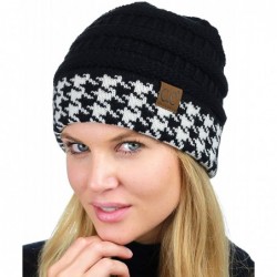 Skullies & Beanies Cable Knit Soft Stretch Multicolor Houndstooth Stitch Cuff Skully Beanie Hat - Houndstooth Black - CE187C4...