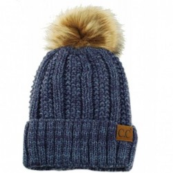 Skullies & Beanies Winter Sherpa Fleeced Lined Chunky Knit Stretch Pom Pom Beanie Hat Cap - Mix Navy - CE18I6QUDC4 $37.06
