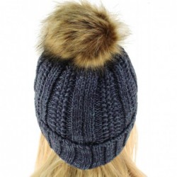 Skullies & Beanies Winter Sherpa Fleeced Lined Chunky Knit Stretch Pom Pom Beanie Hat Cap - Mix Navy - CE18I6QUDC4 $21.06