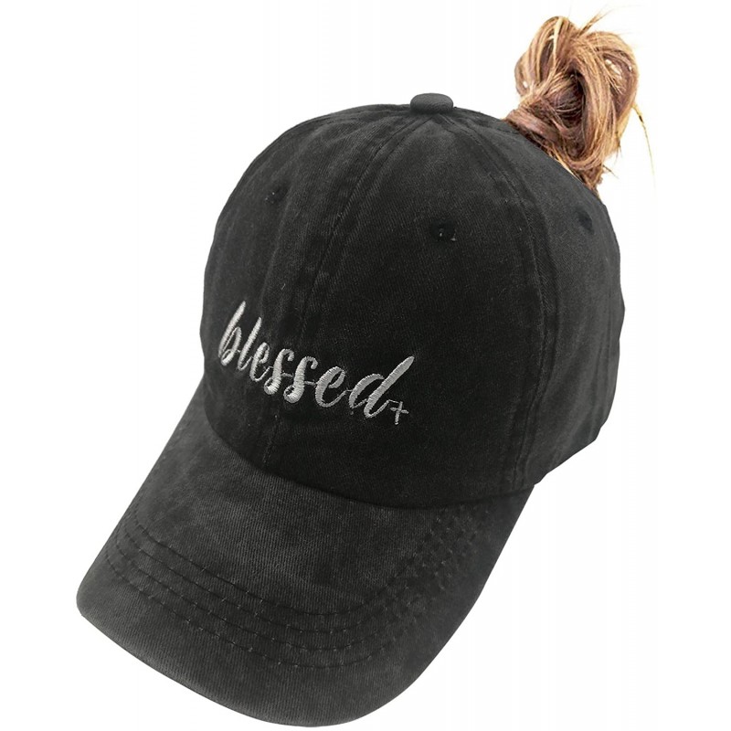Baseball Caps Blessed Ponytail Hat Messy Bun Vintage Washed Distressed Twill Plain Baseball Cap for Women - Black - CW18WN02Q...