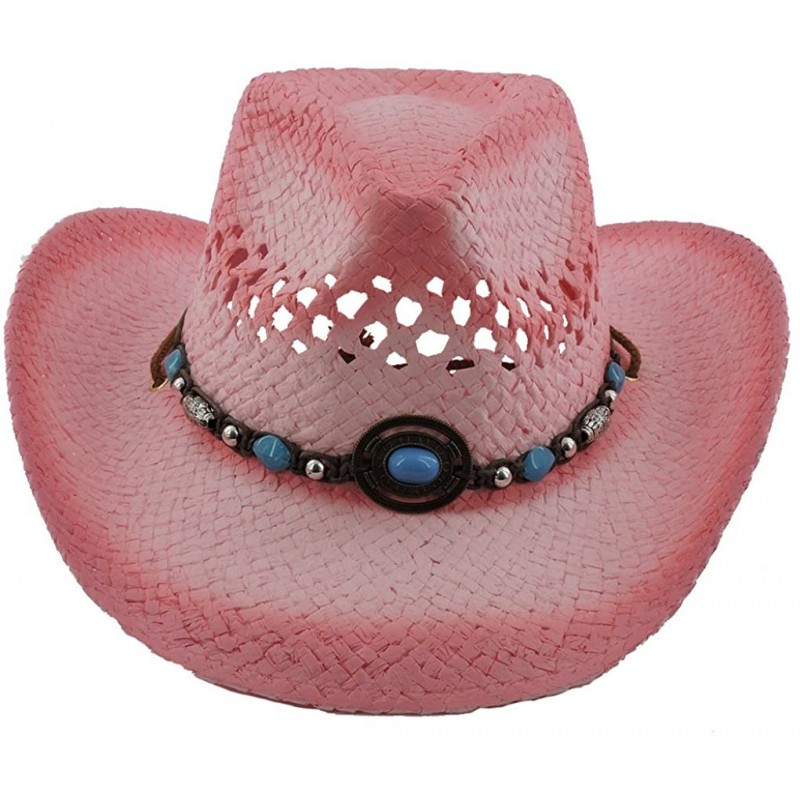 Cowboy Hats Silver Fever Ombre Woven Straw Cowboy Hat with Cut-Outs-Beads- Chin Strap - Pink W Tq Pendant - C3184XKG900 $49.52