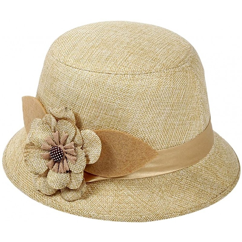 Sun Hats Women Cloche Hat Flower Bowler Bucket Hat Straw Floppy Sun Hat - Beige-1 - C3186ZW9NZN $18.75