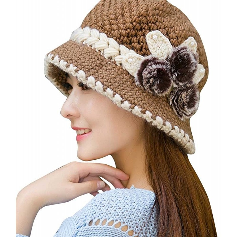 Bucket Hats Women Color Winter Hat Crochet Knitted Flowers Decorated Ears Cap with Visor - Khaki - CU18LH2IODL $11.75