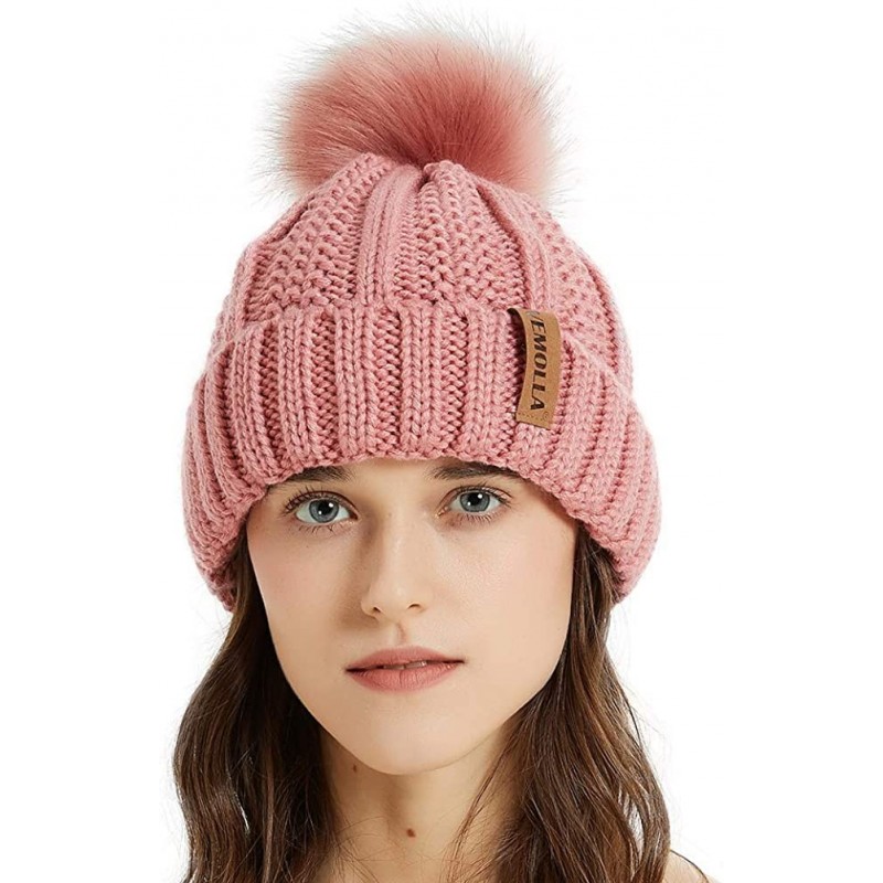 Women Thick Cable Knit Faux Fuzzy Fur Pom Winter Skull Cap Cuff Beanie ...