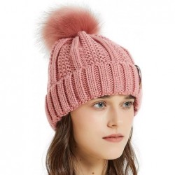 Skullies & Beanies Women Thick Cable Knit Faux Fuzzy Fur Pom Winter Skull Cap Cuff Beanie - Pale Pink - CL18A4YNGZZ $12.39