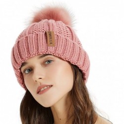 Skullies & Beanies Women Thick Cable Knit Faux Fuzzy Fur Pom Winter Skull Cap Cuff Beanie - Pale Pink - CL18A4YNGZZ $12.39