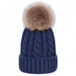 Skullies & Beanies Women Cashmere Blend Knit Fur Pom Beanie Hat Cap with Faux Fur Pompom Ears - Navy - CT18KKTIHLT $25.70