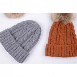 Skullies & Beanies Women Cashmere Blend Knit Fur Pom Beanie Hat Cap with Faux Fur Pompom Ears - Navy - CT18KKTIHLT $20.22