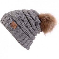 Skullies & Beanies Women Knit Slouchy Beanie Chunky Baggy Hat with Faux Fur Pompom Winter Soft Warm Ski Cap - Gray - C419274S...
