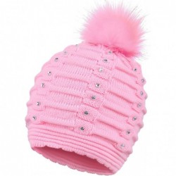 Skullies & Beanies Horizontal Cable Knit Beanie with Sequins and Faux Fur Pompom - Pink - CZ185LUTOLE $20.60