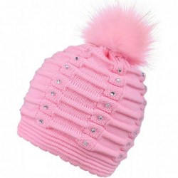 Skullies & Beanies Horizontal Cable Knit Beanie with Sequins and Faux Fur Pompom - Pink - CZ185LUTOLE $13.33