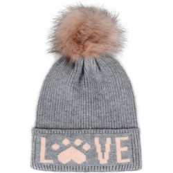 Skullies & Beanies Cat Lover Dog Lover Gift Love Paw Faux Fur Pompom Knit Beanie Skully Toque - Grey Hat Pink Love - CE18LY0H...