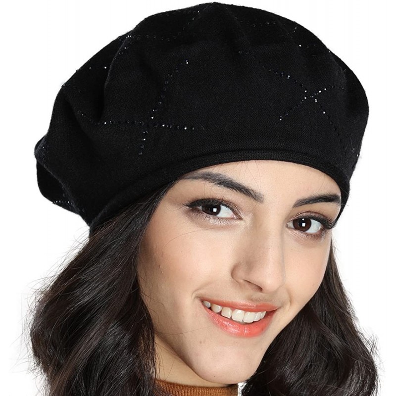 Berets Women's Thin Cotton Knit Beret Hat with Rhinestone Crisscross Decoration - Black - C518GLW28RD $32.38