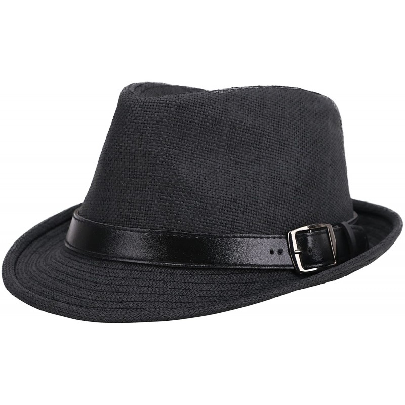 Fedoras Men/Women's Classic Short Brim Miami Beach Panama Fedora Straw Hat - Black Hat Black Belt - CJ18CD5ZWX5 $20.04