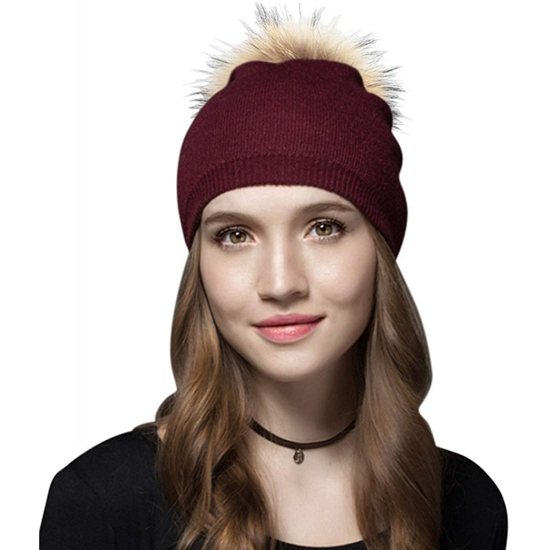 Skullies & Beanies Women Beanie Caps Knit Wool Winter Fur Pom Pom Hat Ski Hats Girls Classic Solid Color Hats - Wine Red - CZ...