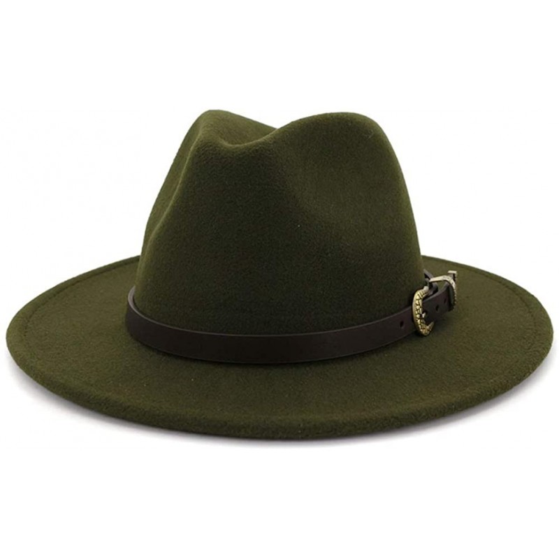 Fedoras Men & Women Wide Brim Felt Fedora Hat with Belt - A-olive Green - CW18ZKRSEXU $20.87