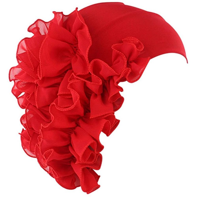 Skullies & Beanies Women Flower Solid Ruffle Cancer Chemo Elegant Hat Beanie Turban African Head Scarf Wrap Cap - Red - CS185...