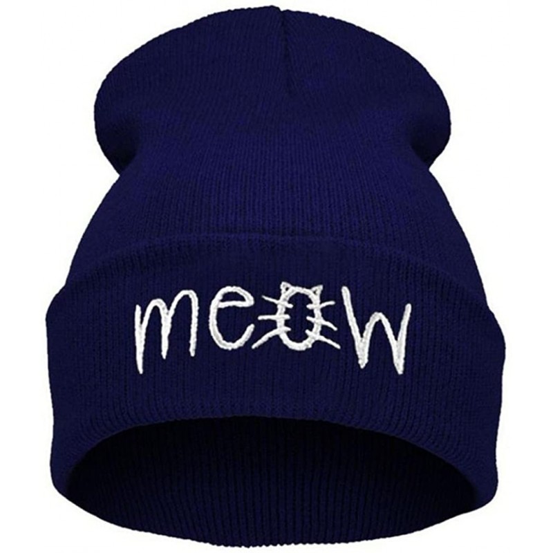Skullies & Beanies Women Teen Girls Cute 'Meow' Letter Print Knit Warm Hat Slouchy Beanie Cap - Navy - CW188O2K4M3 $12.51