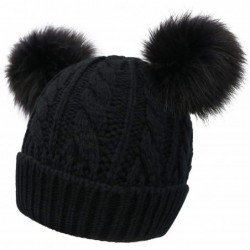 Skullies & Beanies Womens Beanie Winter Cable Knit Faux Fur Pompom Ears Beanie Hat - Black_twist - CU19242Q470 $26.66