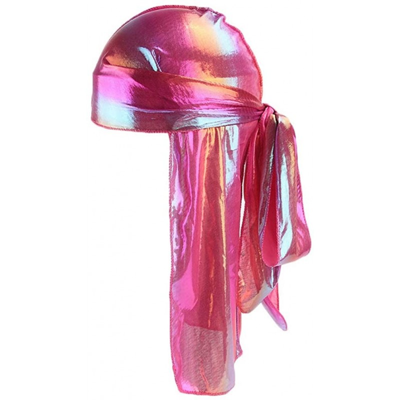 Skullies & Beanies Men's Soft Velvet Long Tail Wide Straps Durag Solid Color Cap Turban Headwrap - Hot Pink - CI18OR0HH3G $13.42