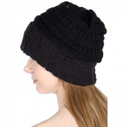Skullies & Beanies Winter Hats for Women Beanies for Women Cable Knit Double Layer Fur Fleece Cuff Thick Warm Cap - Bk/Bk - C...