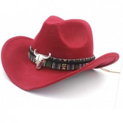 Cowboy Hats Mens Womens Wool Felt Western Cowboy Hat Outdoor Wide Brim Hat Caps with Strap - Wine Red - CW18LZMQ4KU $21.35
