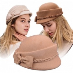 Berets Womens Bowknot 100% Wool Fall Winter Derby Hat Doom Cloche Hat - Light Tan - CF187C6RIZY $34.28