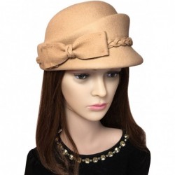 Berets Womens Bowknot 100% Wool Fall Winter Derby Hat Doom Cloche Hat - Light Tan - CF187C6RIZY $25.01