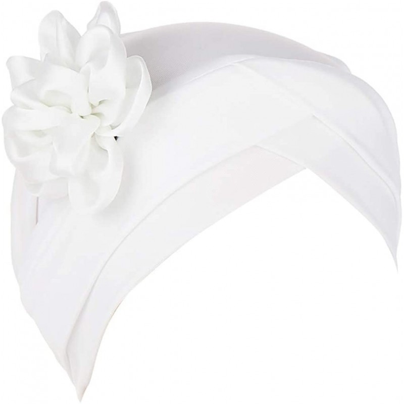 Skullies & Beanies Women Solid Floral India Hat Muslim Ruffle Cancer Chemo Beanie Turban Wrap Cap - White - CT18R75TT9C $13.93