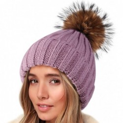 Skullies & Beanies Knit Beanie Hats for Women Double Layer Fleece Lined with Real Fur Pom Pom Winter Hat - C218UWCAW42 $39.86