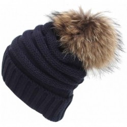 Skullies & Beanies Womens Winter Soft Cozy Hand Knit Faux Fur Pompoms Beanie Hat(Navy- one-Size) - Navy - C118I2UID33 $19.24