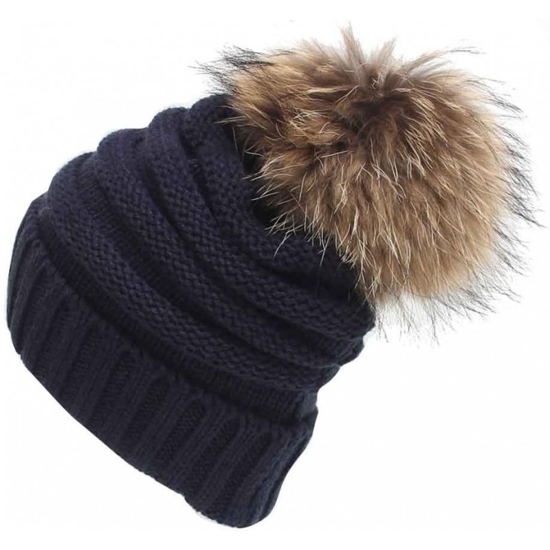 Skullies & Beanies Womens Winter Soft Cozy Hand Knit Faux Fur Pompoms Beanie Hat(Navy- one-Size) - Navy - C118I2UID33 $12.74