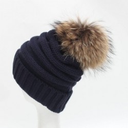 Skullies & Beanies Womens Winter Soft Cozy Hand Knit Faux Fur Pompoms Beanie Hat(Navy- one-Size) - Navy - C118I2UID33 $12.74