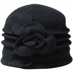 Skullies & Beanies Women 100% Wool Felt Round Top Cloche Hat Fedoras Trilby with Bow Flower - A3 Black - C1185A0LAKE $31.39