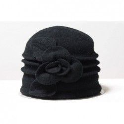 Skullies & Beanies Women 100% Wool Felt Round Top Cloche Hat Fedoras Trilby with Bow Flower - A3 Black - C1185A0LAKE $21.21