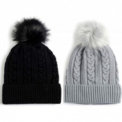 Skullies & Beanies Women Winter Faux Fur Pom Beanie Hat w/Warm Fleece Lined Thick Skull Ski Cap - 2 Pack-black & Gray - CB180...
