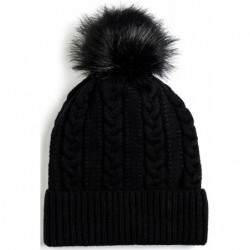 Skullies & Beanies Women Winter Faux Fur Pom Beanie Hat w/Warm Fleece Lined Thick Skull Ski Cap - 2 Pack-black & Gray - CB180...