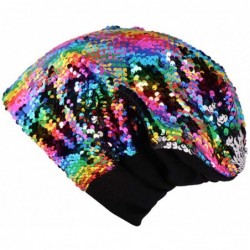 Skullies & Beanies Unisex Winter Reversible Sequin Knitted Hat Oversized Warm Chunky Cuff Beanie - Colorful - CG18LAX6XEW $16.12