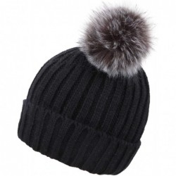 Skullies & Beanies Womens Beanie Winter Cable Knit Faux Fur Pompom Ears Beanie Hat - A_black Hat Black Grey Ball - CD18E30O09...