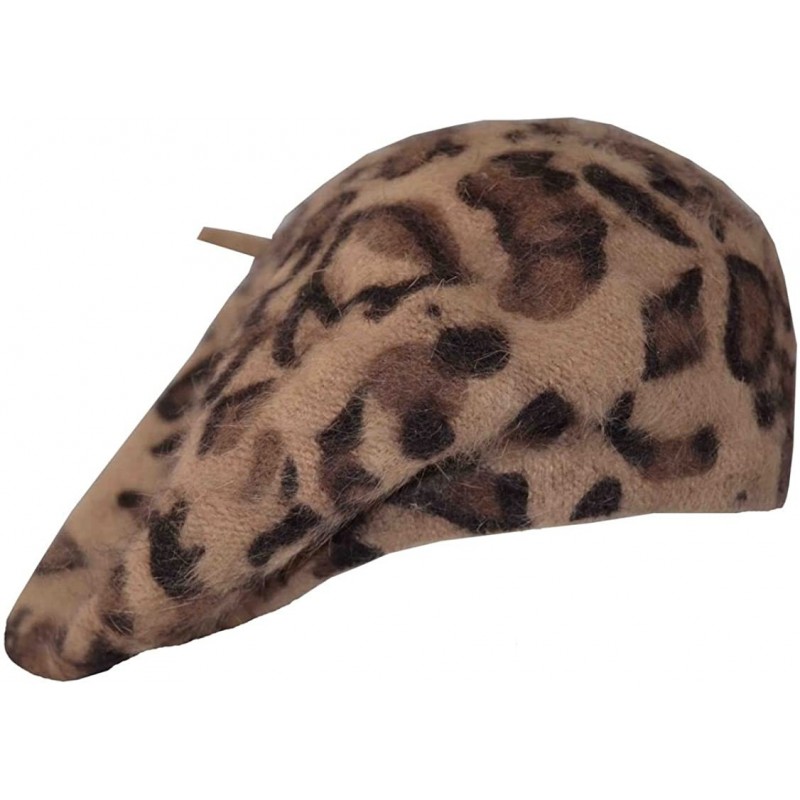 Berets Leopard Angora Beret Cap Hat 10.5" - Khaki - CQ18027IX7K $24.08