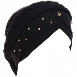 Skullies & Beanies Double Braid Turban Cotton Chemo Cancer Cap Muslim Hat Stretch Hat Head Wrap Cap for Women - Black - CQ18W...
