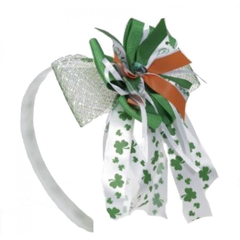 Headbands St. Patricks Day - Mardi Gras - (White- Green- Orange) Ribbon Bow Headband with Shamrocks Pkg/1 - C612D16AMZN $12.88