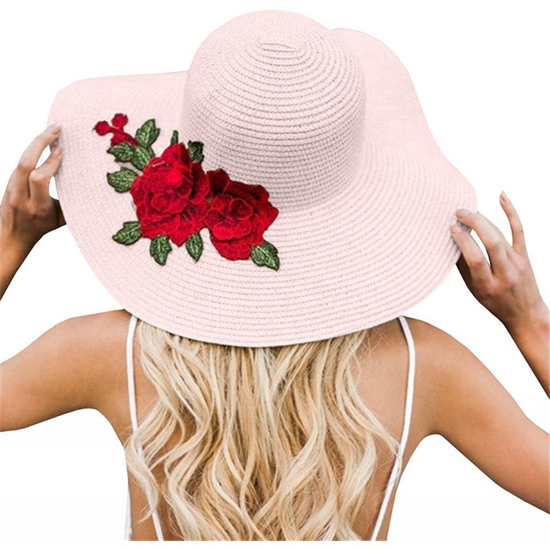 Sun Hats Women Flower Embroidery Foldable Floppy Wide Large Brim Sun Hats - Light Pink - CW18539H26O $27.04