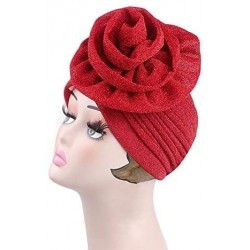 Skullies & Beanies Women Elastic Glitter Big Flower Turban Chemo Beanie Hair Loss Chemo Cap Hat - Red - CU18LTXEQ35 $22.13