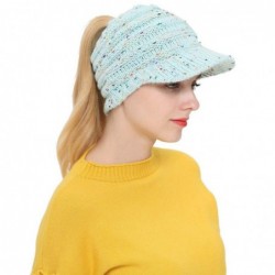 Skullies & Beanies Women's Warm Cable Knitted Messy High Bun Visor Hat Beanie for Pony Tail Skull Cap (Blue) - Blue - C818ISK...