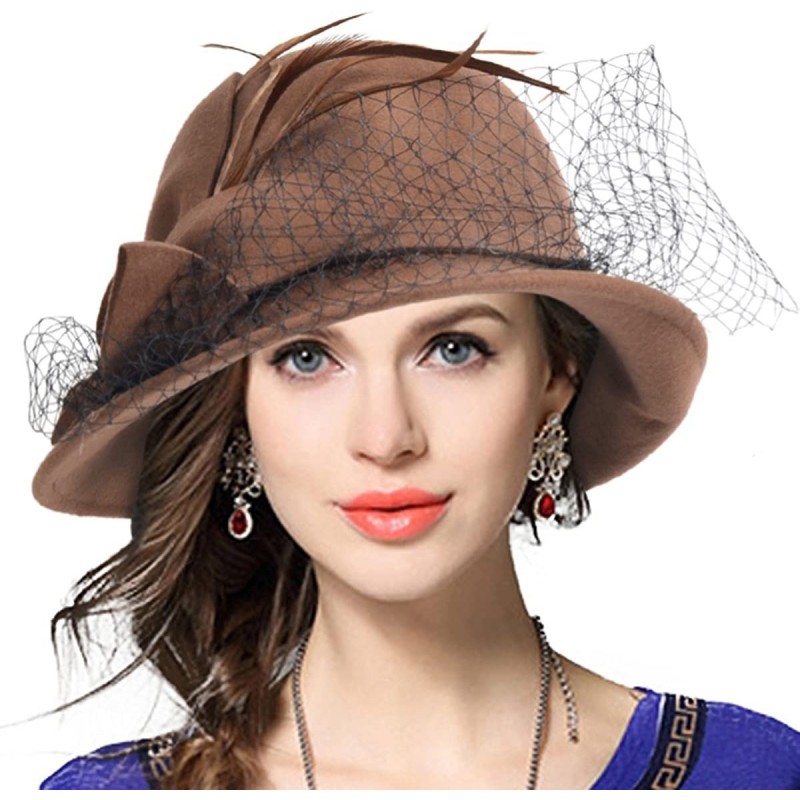 Bucket Hats Women's Wool Church Dress Cloche Hat Plumy Felt Bucket Winter Hat - Veil-camel - C512N9GHG5R $52.39