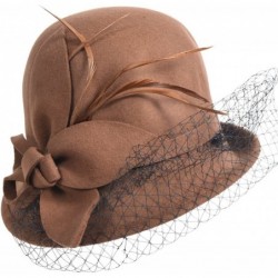 Bucket Hats Women's Wool Church Dress Cloche Hat Plumy Felt Bucket Winter Hat - Veil-camel - C512N9GHG5R $52.39